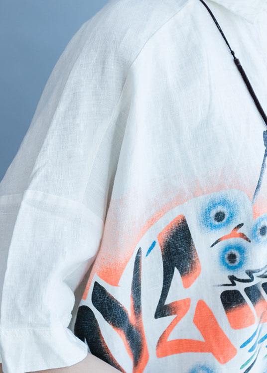 Women black side open cotton linen tops women Work lapel collar prints summer blouses - SooLinen