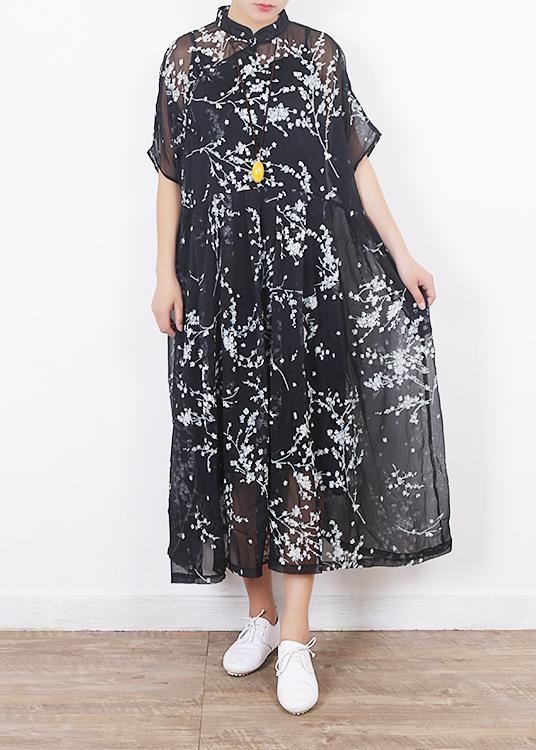 Damen schwarze Seidenkleider Boho Ärmel Kurzarm Maxi Sommerkleider