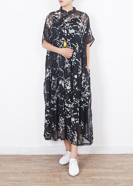 Damen schwarze Seidenkleider Boho Ärmel Kurzarm Maxi Sommerkleider