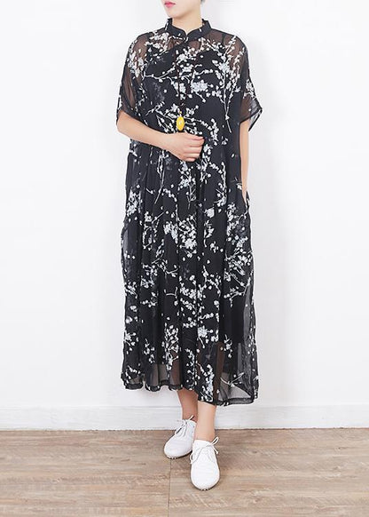 Damen schwarze Seidenkleider Boho Ärmel Kurzarm Maxi Sommerkleider