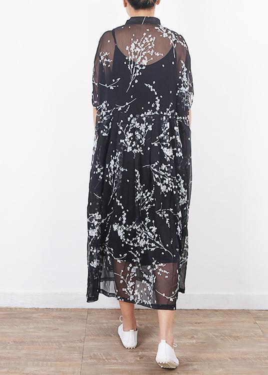 Damen schwarze Seidenkleider Boho Ärmel Kurzarm Maxi Sommerkleider