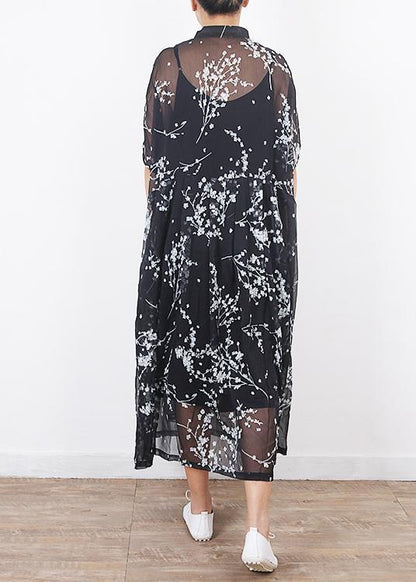 Damen schwarze Seidenkleider Boho Ärmel Kurzarm Maxi Sommerkleider