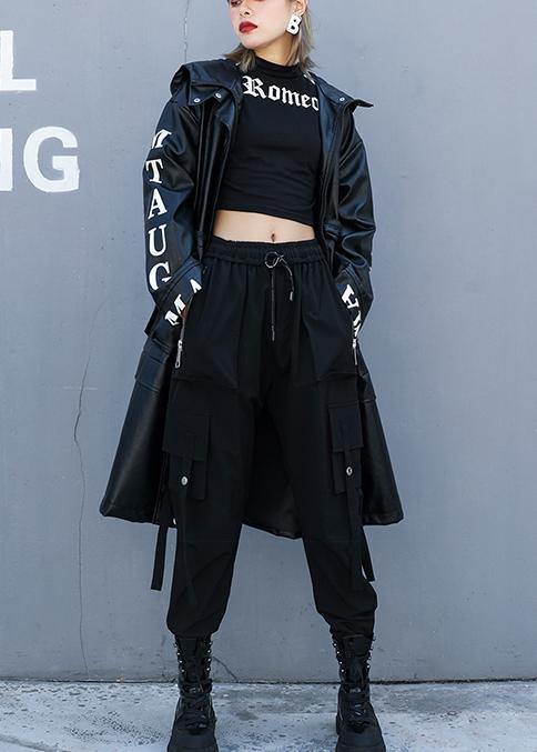 Women black fine crane coats design hooded pockets PU coats - SooLinen