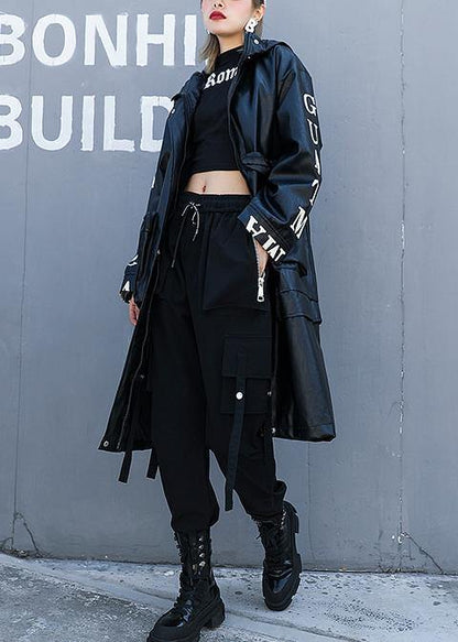 Women black fine crane coats design hooded pockets PU coats - SooLinen