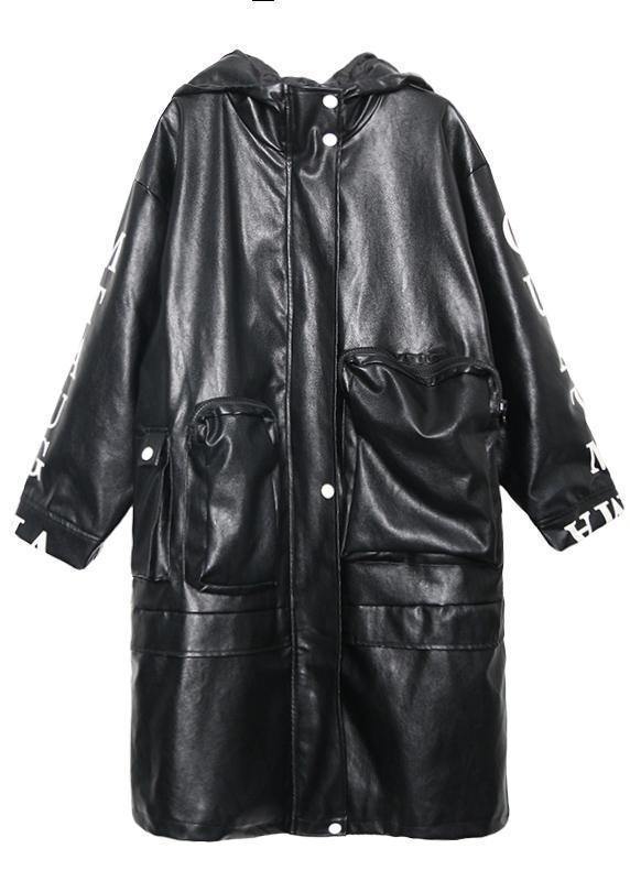 Women black fine crane coats design hooded pockets PU coats - SooLinen