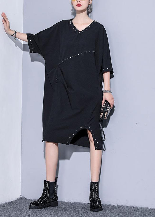 Women black v neck Cotton quilting clothes Rivet summer Dresses - SooLinen