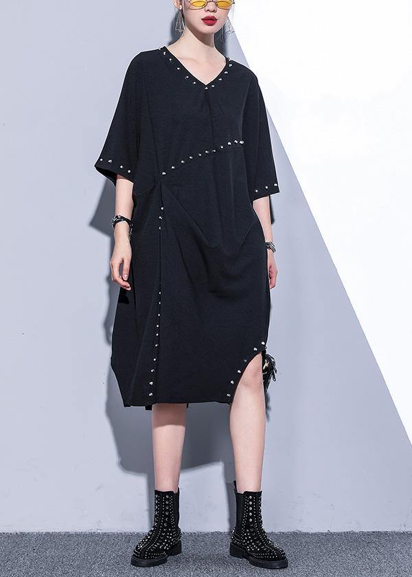 Women black v neck Cotton quilting clothes Rivet summer Dresses - SooLinen