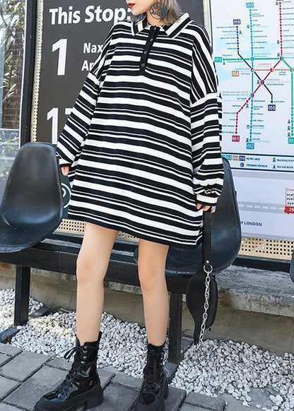 Women black white striped knit tops plus size clothing lapel baggy knit sweat tops - SooLinen