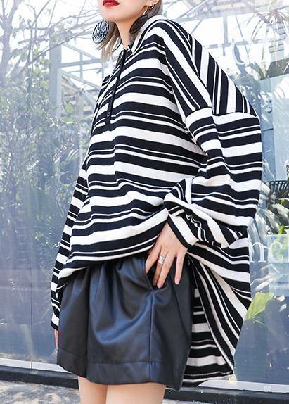 Women black white striped knit tops plus size clothing lapel baggy knit sweat tops - SooLinen