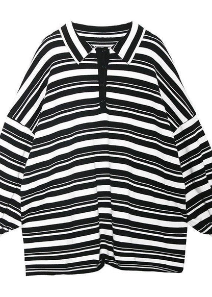 Women black white striped knit tops plus size clothing lapel baggy knit sweat tops - SooLinen