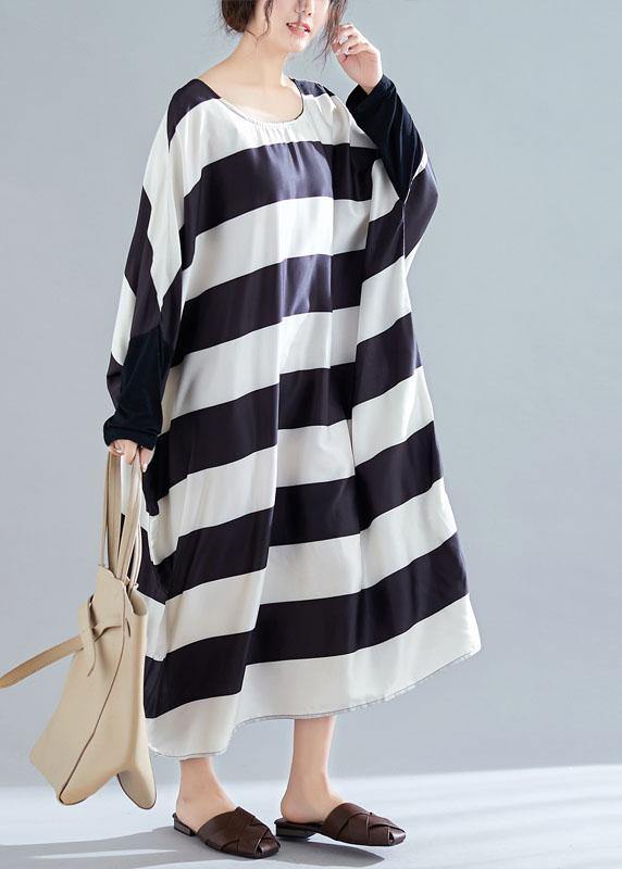 Women black white striped quilting clothes batwing sleeve o neck long summer Dresses - SooLinen