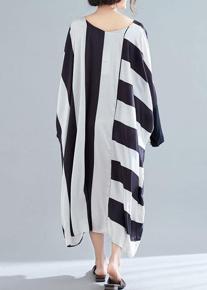 Women black white striped quilting clothes batwing sleeve o neck long summer Dresses - SooLinen