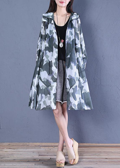Women blackish green print fine coat pattern hooded zippered outwears - SooLinen