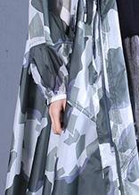 Women blackish green print fine coat pattern hooded zippered outwears - SooLinen