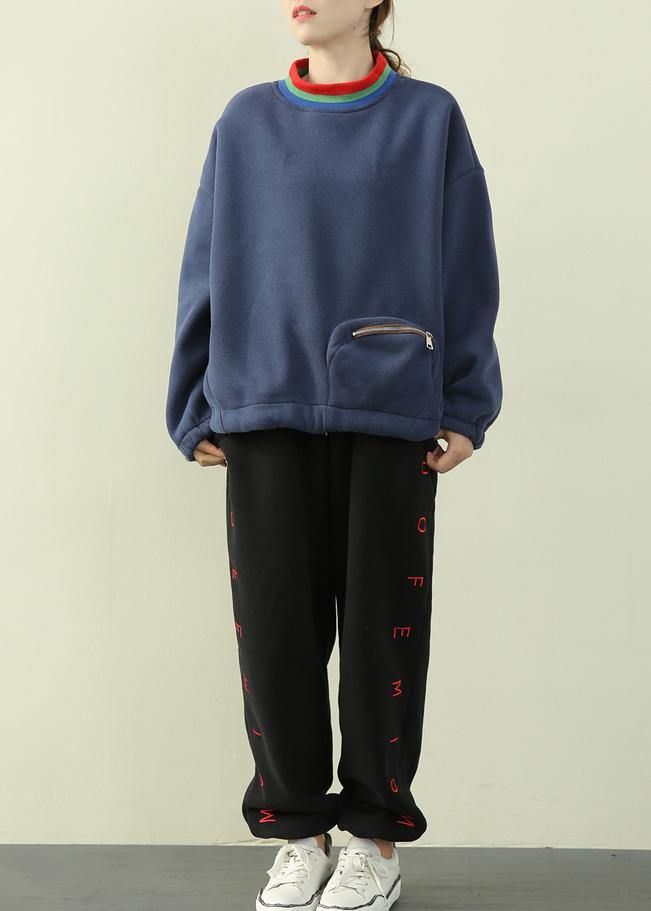 Women blue Shirts Inspiration high neck patchwork zippered shirt - SooLinen