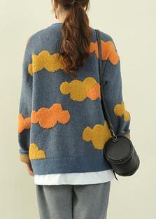 Women blue Cloud Knit Sweaters o neck false two pieces knitted pullover - SooLinen