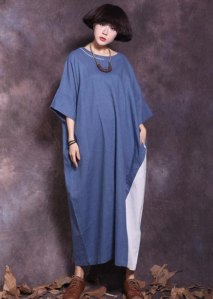 Women blue o neck cotton clothes half sleeve A Line summer Dresses - SooLinen