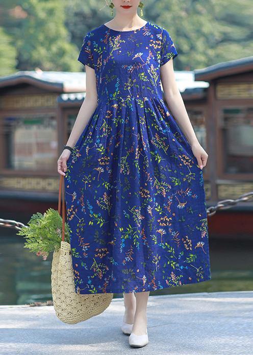 Women blue print cotton linen Tunics o neck Cinched short summer Dress - SooLinen