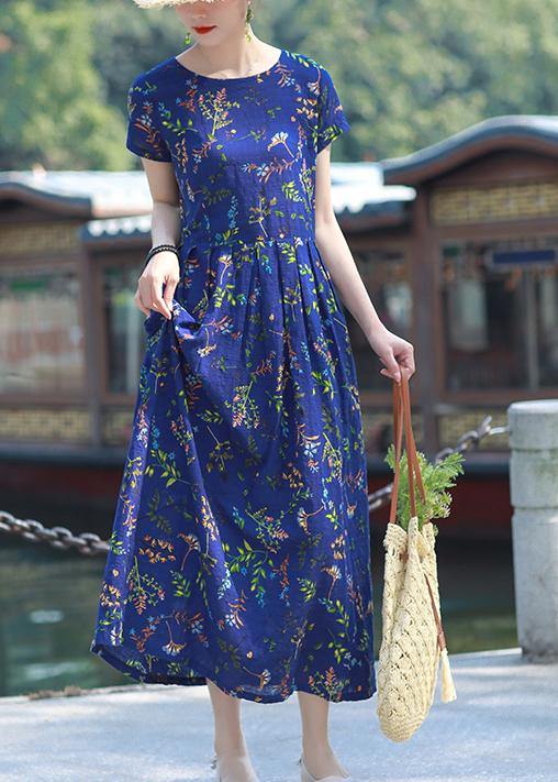 Women blue print cotton linen Tunics o neck Cinched short summer Dress - SooLinen