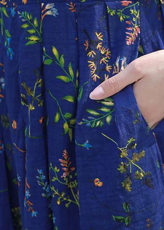 Women blue print cotton linen Tunics o neck Cinched short summer Dress - SooLinen