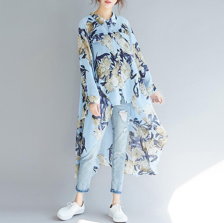 Frauen blau druckt chiffon kleidung Für Frauen feine Inspiration revers kragen tunika low high design shirt