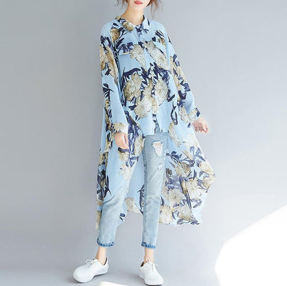 Frauen blau druckt chiffon kleidung Für Frauen feine Inspiration revers kragen tunika low high design shirt