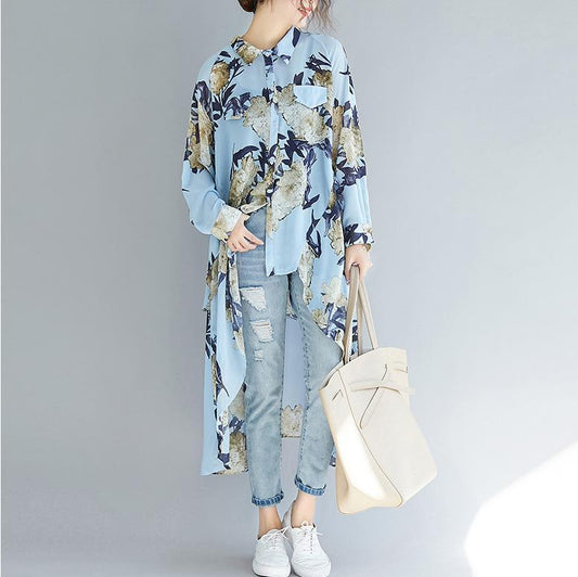 Frauen blau druckt chiffon kleidung Für Frauen feine Inspiration revers kragen tunika low high design shirt