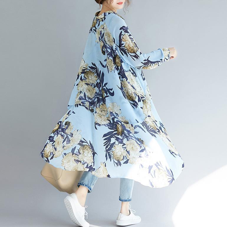 Frauen blau druckt chiffon kleidung Für Frauen feine Inspiration revers kragen tunika low high design shirt