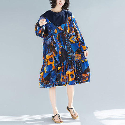 Frauen blau drucke baumwolle kleidung stilvolle muster rüschen Kaftan patchwork o neck Kleider