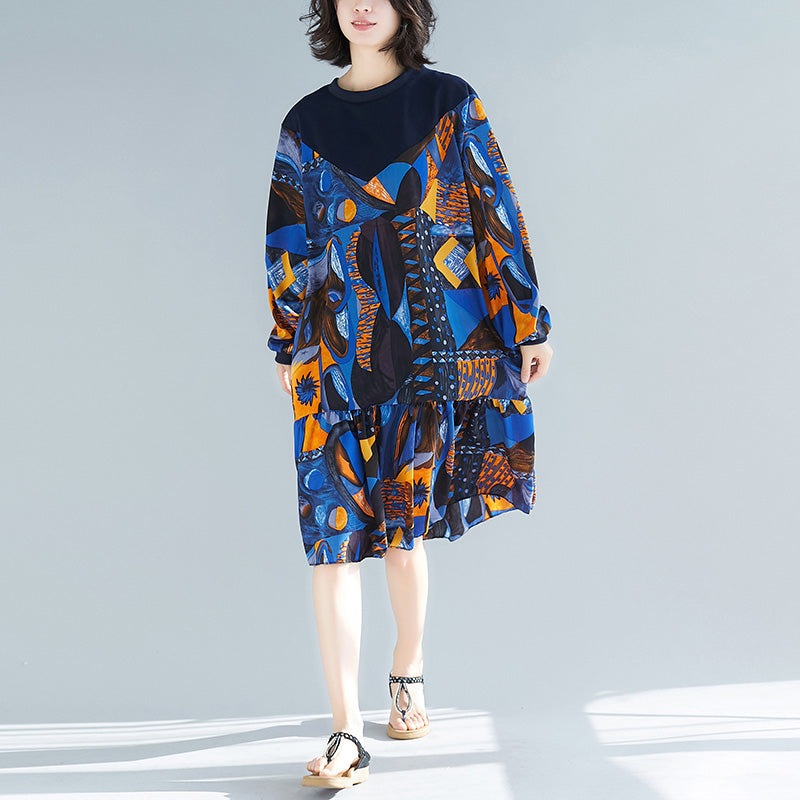 Frauen blau drucke baumwolle kleidung stilvolle muster rüschen Kaftan patchwork o neck Kleider