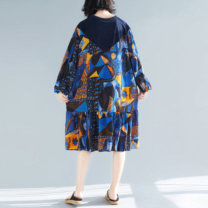 Frauen blau drucke baumwolle kleidung stilvolle muster rüschen Kaftan patchwork o neck Kleider