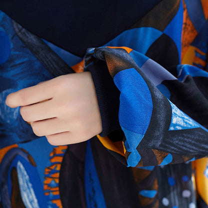 Frauen blau drucke baumwolle kleidung stilvolle muster rüschen Kaftan patchwork o neck Kleider