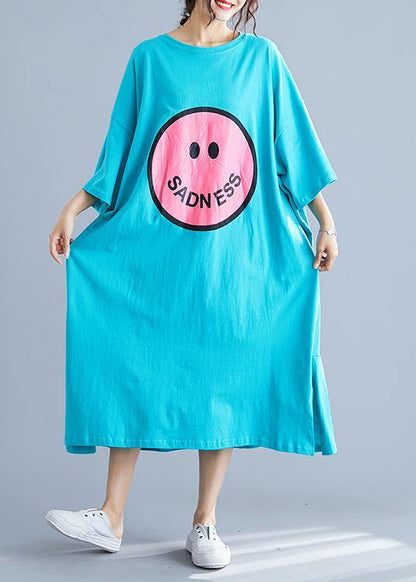 Women blue prints cotton dresses side open cotton summer Dresses - SooLinen