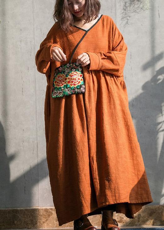 Women brown cotton linen quilting dresses o neck embroidery spring Dresses - SooLinen