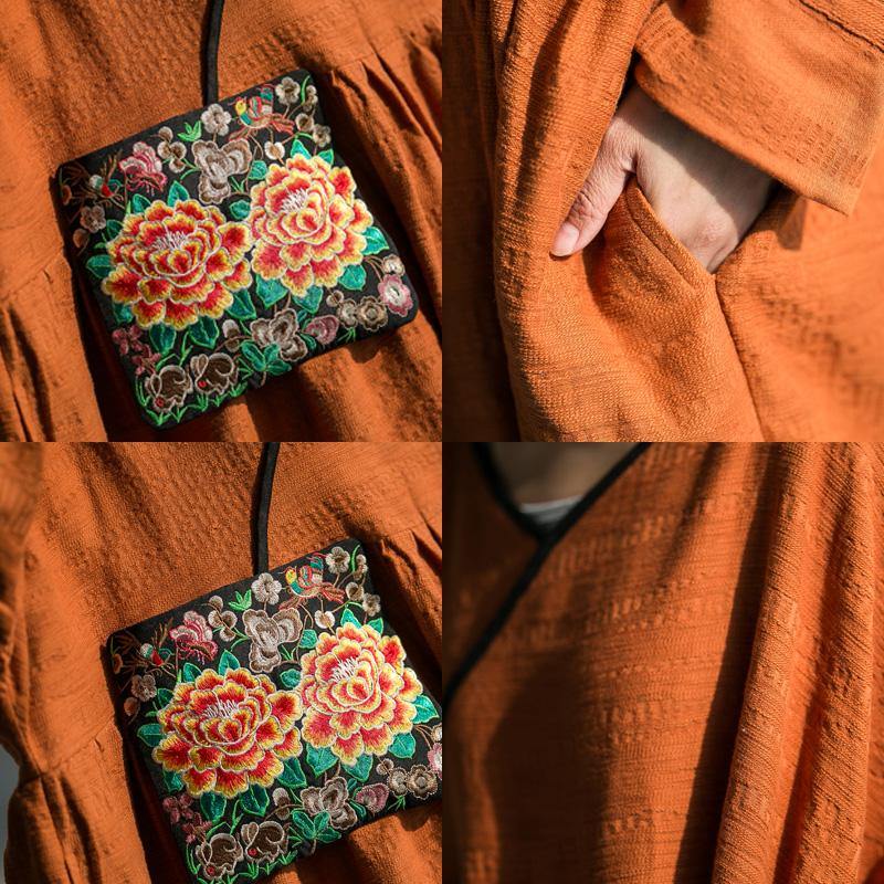 Women brown cotton linen quilting dresses o neck embroidery spring Dresses - SooLinen