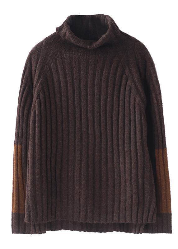 Women brown knit tops patchwork sleeve casual high neck sweaters - SooLinen