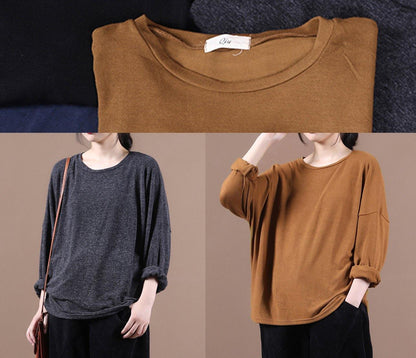 Women brown shirts o neck baggy cotton fall shirts - SooLinen