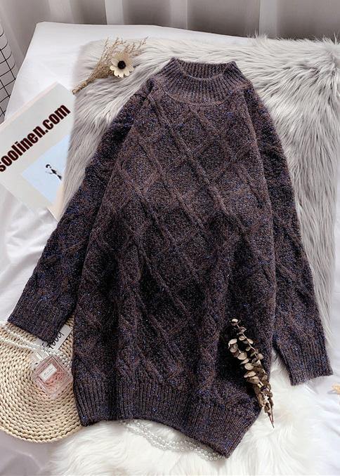 Women burgundy Sweater outfits plus size o neck thick Art  knitted tops - SooLinen