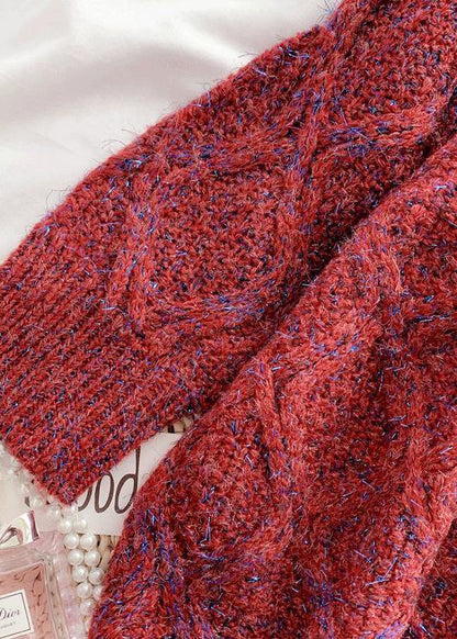 Women burgundy Sweater outfits plus size o neck thick Art  knitted tops - SooLinen