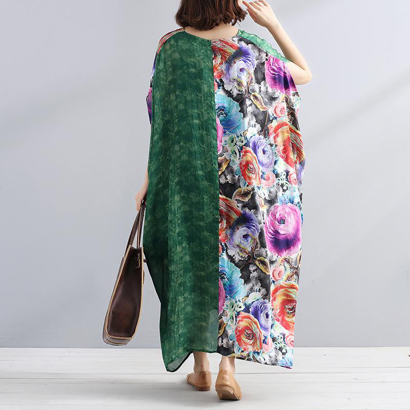 Damen Chiffon-Roben, tailliert, V-Ausschnitt, Spleißen, kurze Ärmel, bedruckt, Sommerkleid