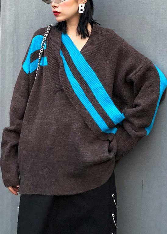 Women chocolate Sweater Blouse casual v neck patchwork sweaters - SooLinen