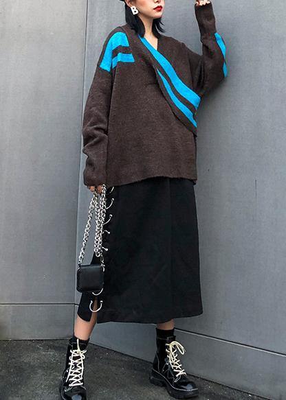 Women chocolate Sweater Blouse casual v neck patchwork sweaters - SooLinen