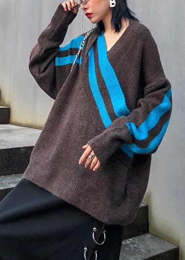 Women chocolate Sweater Blouse casual v neck patchwork sweaters - SooLinen