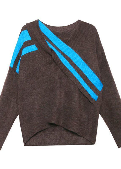 Women chocolate Sweater Blouse casual v neck patchwork sweaters - SooLinen