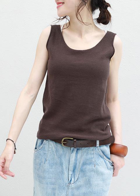 Women chocolate cotton Long Shirts sleeveless loose summer top - SooLinen