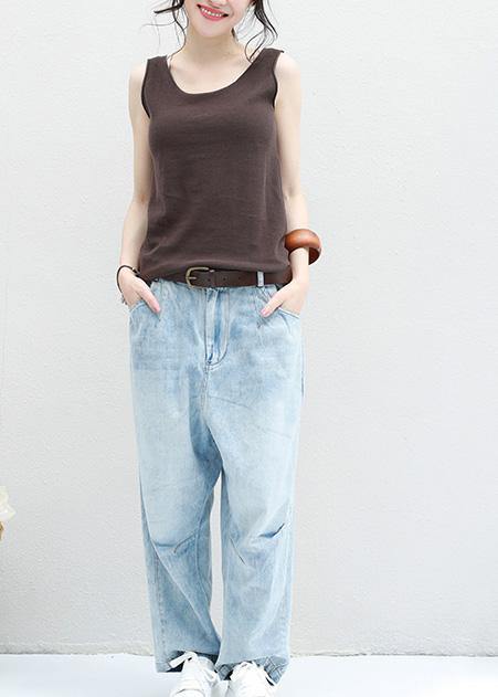 Women chocolate cotton Long Shirts sleeveless loose summer top - SooLinen