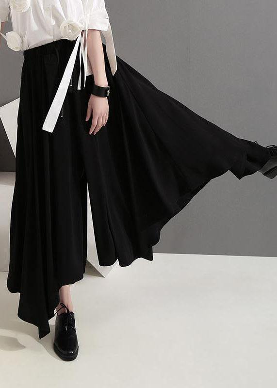 Women clothes Vintage Summer Draped Black Fashion Wide Leg Pants - SooLinen