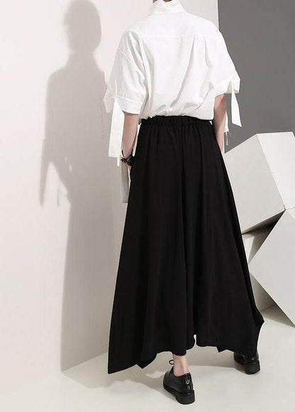 Women clothes Vintage Summer Draped Black Fashion Wide Leg Pants - SooLinen
