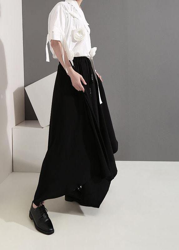 Women clothes Vintage Summer Draped Black Fashion Wide Leg Pants - SooLinen