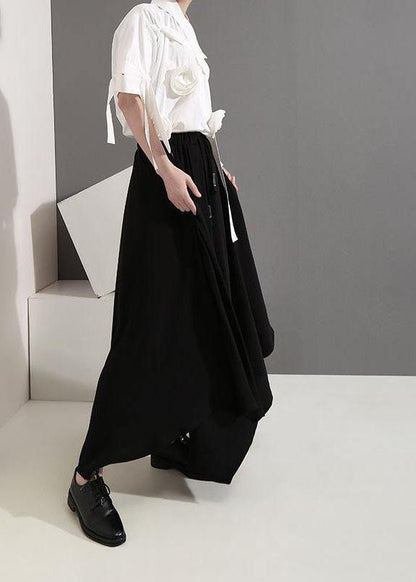 Women clothes Vintage Summer Draped Black Fashion Wide Leg Pants - SooLinen